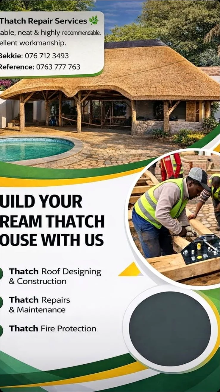Original business advertisement showing a thatched structure and workers
